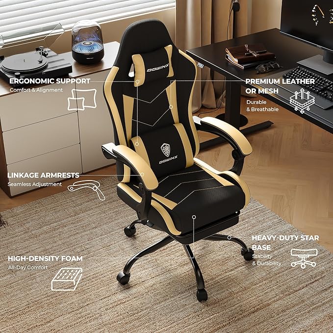 Gaming Chair with Footrest Ergonomic 330lbs Leather Mesh Chair Massage Lumbar Support Adjustable Height &amp Headrest Pillow Breathable Seat for Office Home Streaming Long Gaming Sessions Gol