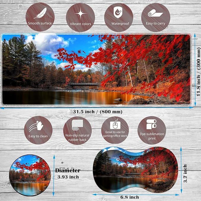Large Game Mouse Pad + Wrist Support Pad + Coffee Coaster Red Maple Lake Foldable Table Mat with Stitched Edge Non-Slip Set Pad Suitable for Office Work and Home
