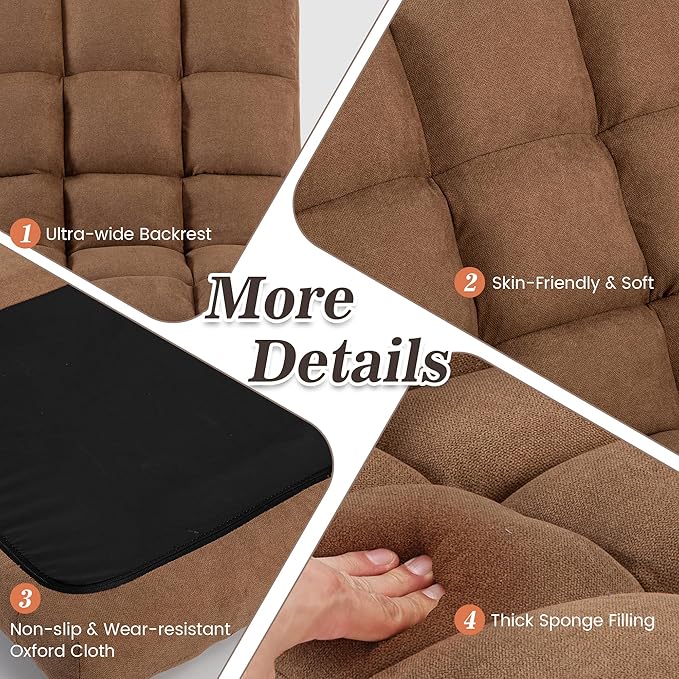 Floor Chair 24 inches Wide Oversized Velvet Armless Lay Flat Floor seat Padded Meditation Chair with 6 Adjustable Position Ergonomic Comfortable Convenient (Casual LRSF-006-TAN)