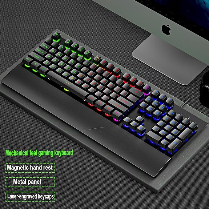 Wired Rainbow LED Gaming Keyboard104 Keys Light Up Mechanical Feeling Computer Keyboard With Palm Rest for Windows LaptopPC Gamers Office DeviceTravel Easy to Carry on Business TripWoking(Black)