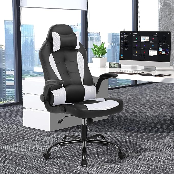 Gaming Chair PU Leather Computer Chair with Flip-up Armrest and Lumbar Support Ergonomic High Back Home Office Chair Comfy Video Game Chair for Home Bedroom White