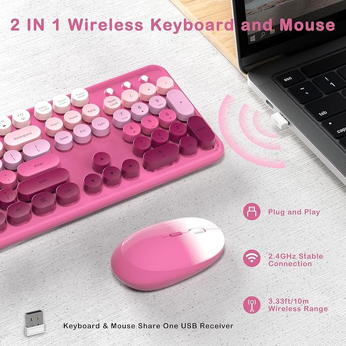 Colorful Wireless Keyboard and Mouse Combo COVEVA 2.4GHz Wireless Retro Cute Round Keycaps Keyboard 104 Keys Full-Sized Keyboard Mouse Set with Switch Button for PC Laptop Desktop (Pink Gradient)