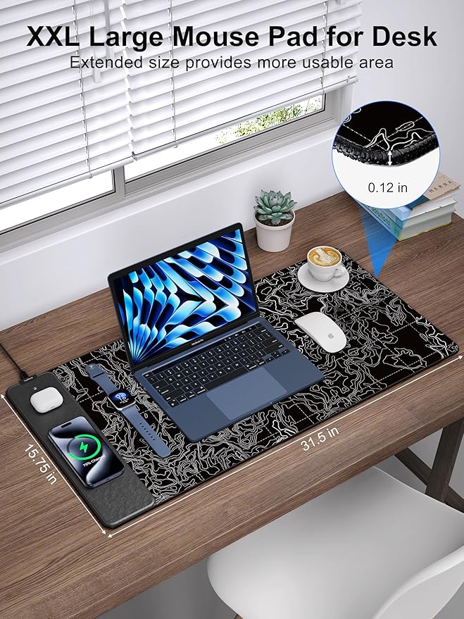 TopMade Mouse Pad with 15W Fast Wireless Charging 31.5x15.75 XXL Large Gaming Waterproof Desk Pad with Ultra-Smooth Surface Non-Slip Base Computer Desk Mat Black Topographic Map #3
