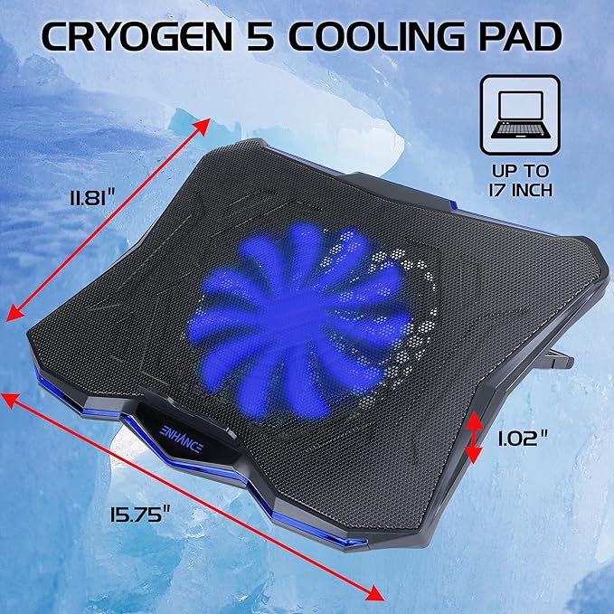 ENHANCE Cryogen 5 Gaming Laptop Cooling Pad Stand - Laptop Cooler with 7 Adjustable Height Settings &amp Dual USB Ports up to 17 inches - 1 Ultra Quiet High Performance LED Fan 800 RPM - Blue