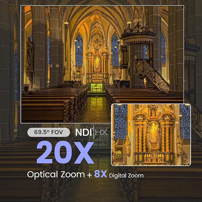 AI Auto Tracking NDI PTZ Camera 3G-SDI/USB3.0/HDMI/LAN IP PoE IP Live Streaming 20X Optical and 8X Digital Zoom Camera 1080P 60FPS for Church Services Worship Education Events vMix OBS YouTube
