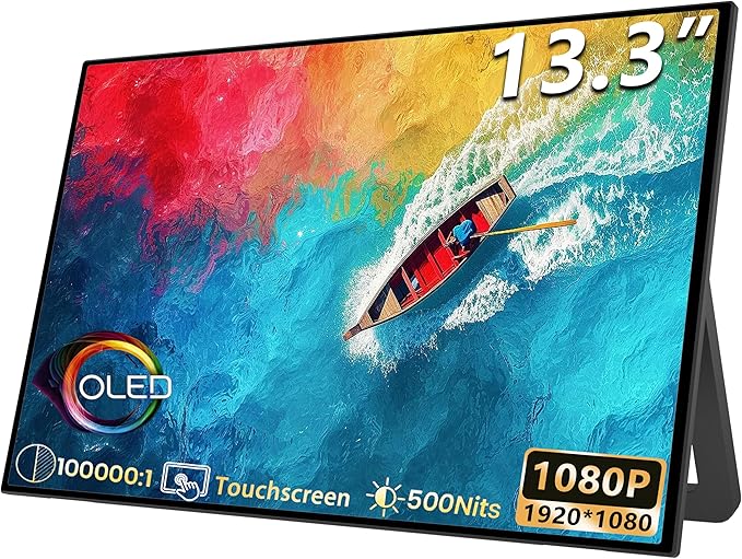 13.3” OLED Portable Monitor Touchscreen 1080P HDR Travel Screen 500 Nits Ultra-Slim External Second Monitor for Laptop Mac PC &amp Android Phone/Tablet (No Touch for iPhone/iPad/Consoles) with Ca