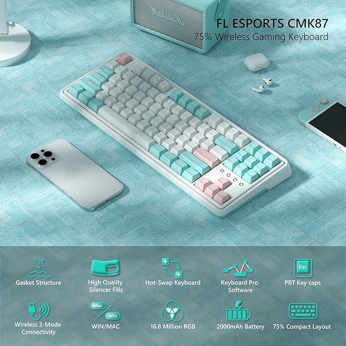 75% Keyboard Wireless Gaming Keyboard 3-Modes Creamy Mechanical Keyboard Hot-Swap with Pre-lubed Linear Switch for PC/Tablet/PS/Xbox (White)