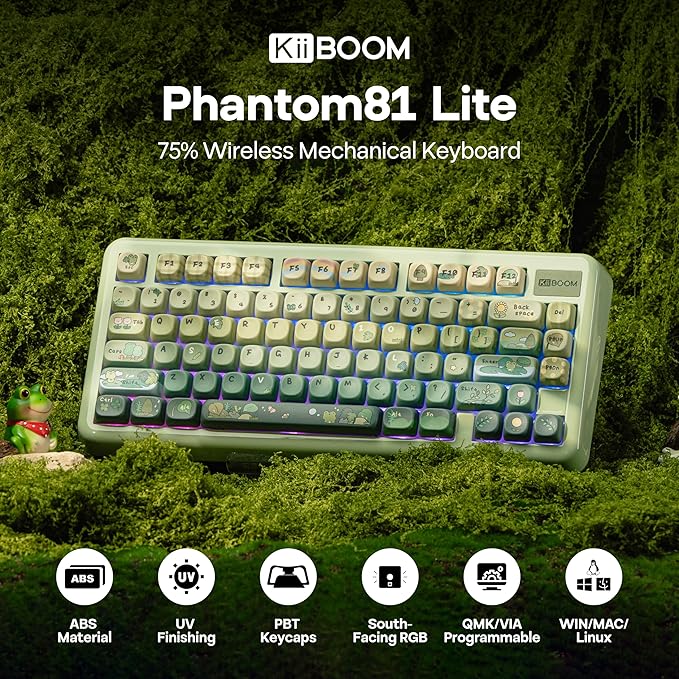 KiiBoom Phantom81 Lite 75% Gasket Mechanical Keyboard QMK&ampVIA Programmable 3 Modes Wireless Gaming Keyboard RGB Backlights ABS Case + UV Tech Hot-Swappable for Windows/Mac/Linux (Green)