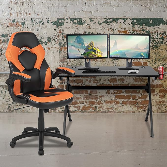 Flash Furniture Optis Black Gaming Desk and Orange/Black Racing Chair Set with Cup Holder Headphone Hook &amp 2 Wire Management Holes
