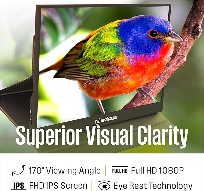 Westinghouse 15.6 Inch Portable Monitor for Laptop &amp Travel 1080p 60Hz IPS Display Full HD Screen with Magnetic Protective Cover Built in Speakers 1x Mini HDMI 1x USB Type-C