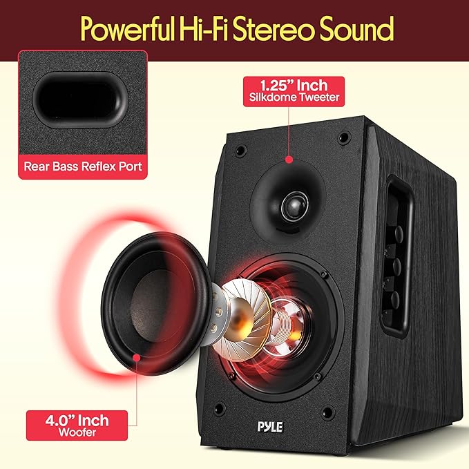Pyle Powered Bookshelf Speaker System with Bluetooth 80W Active Stereo Speakers Bass Reflex Natural Wood Cabinet Hi Def ARC Optical Coax Subwoofer Out for Home Theater Computer Studio (Pair)
