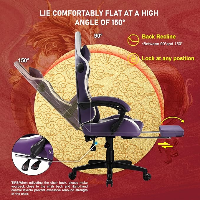GTPLAYER Gaming Chair with Bluetooth Speakers and Footrest Dragon Series Video Game Chair Heavy Duty Ergonomic Chair Esports Gaming Chair Computer Office Desk Chair (Purple)