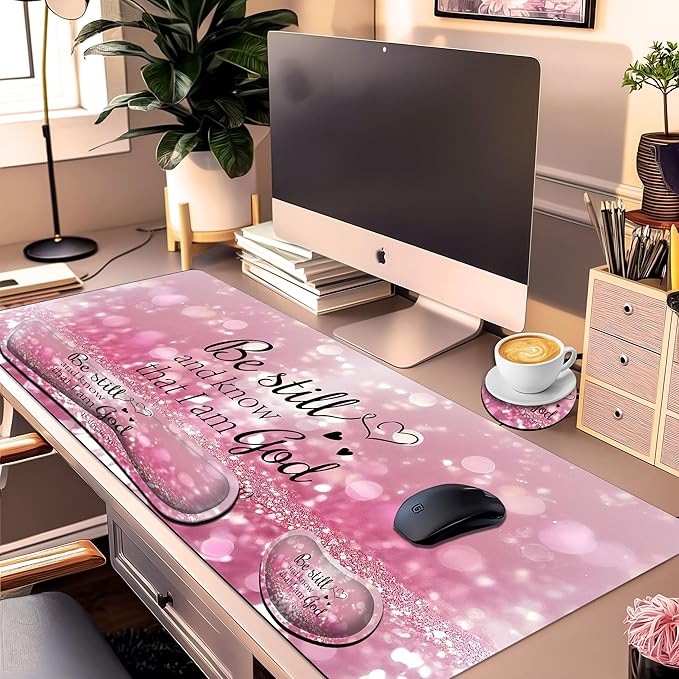Large Gaming Mouse Pad Set 35.4 x 15.7 with Keyboard Wrist Rest Wrist Support and Coaster Memory Foam Smooth Desk Pad Mousepad for Home Office School - Christian Bible