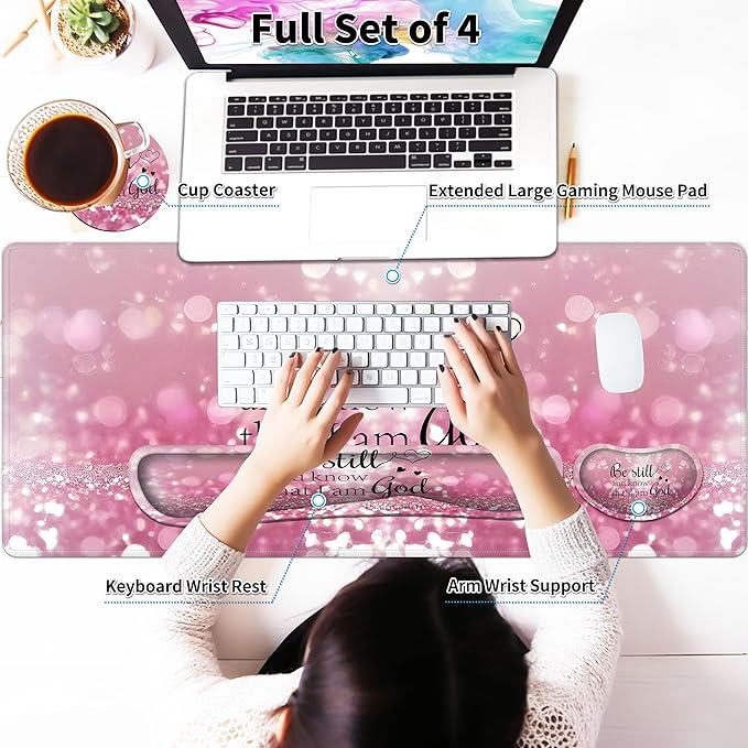 Large Gaming Mouse Pad Set 35.4 x 15.7 with Keyboard Wrist Rest Wrist Support and Coaster Memory Foam Smooth Desk Pad Mousepad for Home Office School - Christian Bible