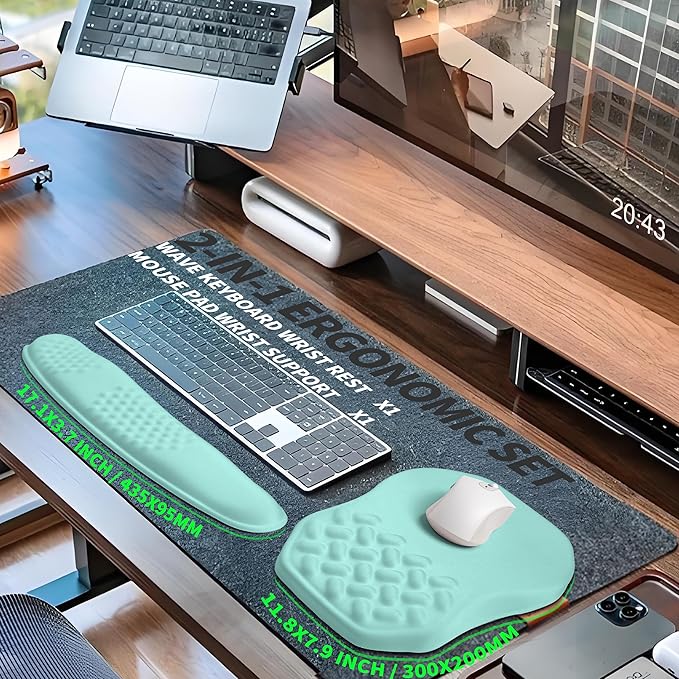 2-in-1 Ergonomic Set Wave Keyboard Wrist Rest and Massage Slope Mouse Pad Wrist Support Rebound Memory Foam for Relieve Carpal Tunnel Syndrome and Wrist Pain (Light Blue)