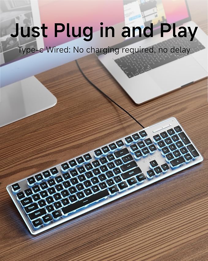 EWEADN GX710S Backlit Computer Keyboards Wired USB Keyboard with Blue Backlit Metal Panel Plug and Play Pudding Keycaps Full Size Quite Computer Keyboard for Win/PC/Laptop-Black
