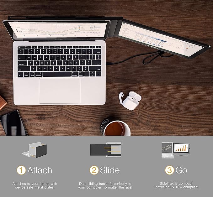 SideTrak Slide Portable Monitor 12.5 Screen with Carrying Case - Attaches to Your Laptop for Easy Travel - Efficient USB Power - Fits Mac and PC 13-17 Laptops - Full HD IPS Display (Patent Pending)