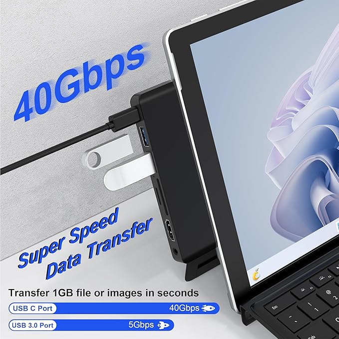 Surface Pro 11/10/9 Accessories Docking Station &amp Adapter - 7-in-1 USB-C Hub for Dual Monitor with 4K HDMI USB C Thunderbolt 4 (8K@30Hz/40Gbps/100W PD) 2 USB 3.0 SD/TF Card Reader &amp 3.5mm