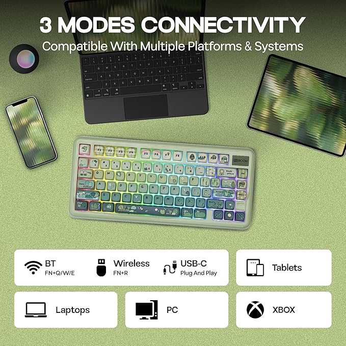 KiiBoom Phantom81 Lite 75% Gasket Mechanical Keyboard QMK&ampVIA Programmable 3 Modes Wireless Gaming Keyboard RGB Backlights ABS Case + UV Tech Hot-Swappable for Windows/Mac/Linux (Green)