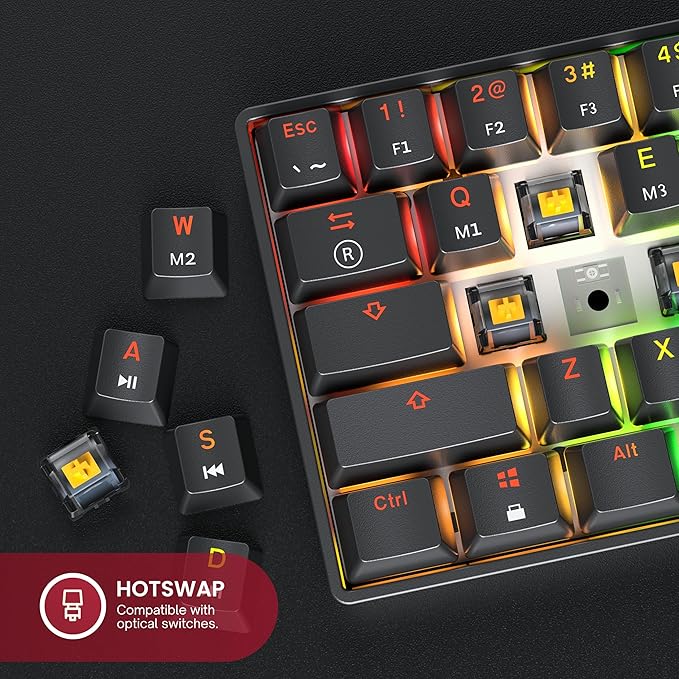 Mechanical Gaming Keyboard - 61 Keys Multi Color RGB Illuminated LED Backlit Wired Programmable for PC/Mac Gamer (Gateron Optical Silver Black)