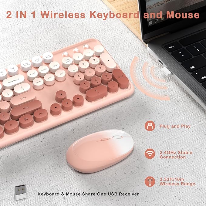 Colorful Wireless Keyboard and Mouse Combo COVEVA 2.4GHz Wireless Retro Cute Round Keycaps Keyboard 104 Keys Full-Sized Keyboard Mouse Set with Switch Button for PC Laptop Desktop (Rose Gradient)