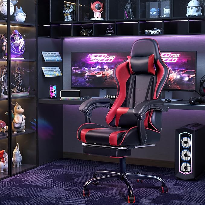 Furmax Gaming Chair Video Game Chair with Footrest and Massage Lumbar Support Swivel Seat Height Adjustable Computer Chair with Headrest Racing E-Sport Gamer Chair (Red)