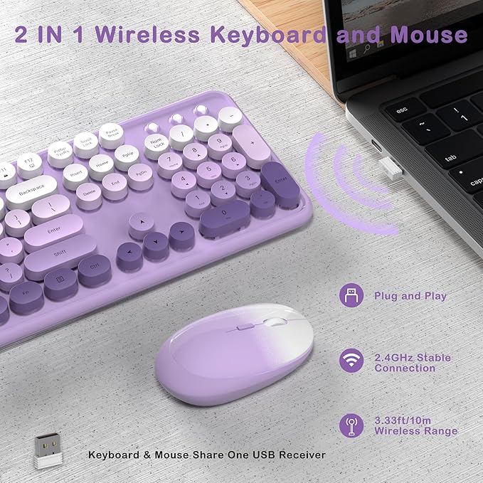 Colorful Wireless Keyboard and Mouse Combo COVEVA 2.4GHz Wireless Retro Cute Round Keycaps Keyboard 104 Keys Full-Sized Keyboard Mouse Set with Switch Button for PC Laptop Desktop (Purple Gradient)