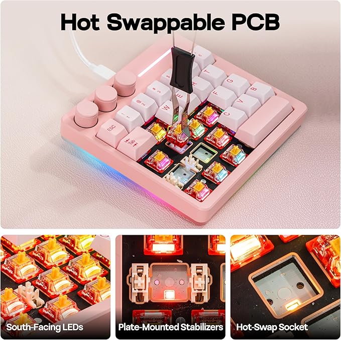 KiiBoom Cybrix 29 Rapid Fast Wired Gaming Keyboard 8Khz Polling Aluminum &amp Acrylic One Handed Keyboard 3 Programmable Knobs Magnetic Switch Adjustable Actuation RGB Backlits FR4 Plate (Pink