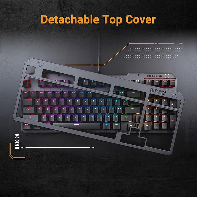 ASUS TUF Gaming K3 Gen II Wired USB Gaming Keyboard – 97-Key Compact Layout Optical-Mechanical Blue (Clicky) Switches PBT Keycaps Detachable Top Plate IP57 Waterproofing PC/Mac Support - Black