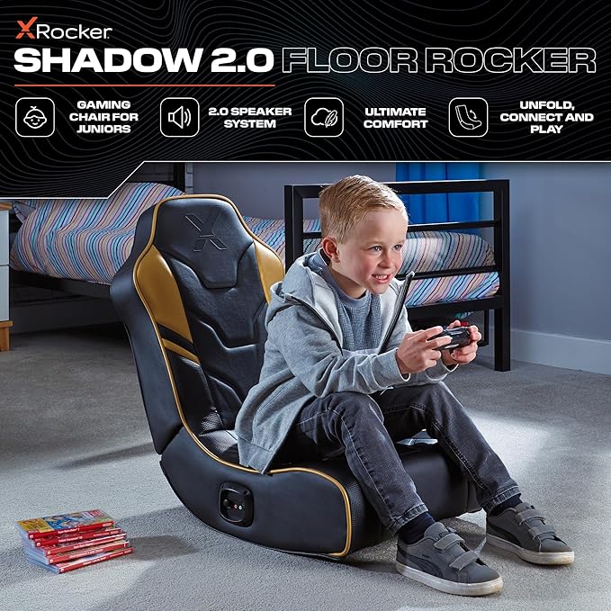 X-Rocker Shadow Gaming Chair for Kids and Juniors 2.0 Audio Floor Rocker Low Folding Rocking Seat with 2 Stereo Sound Speakers Padded Foam Gaming Seat for Children for XBOX PS4 PS5 Switch - BLACK