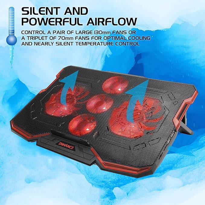 Enhance Cryogen Gaming Laptop Cooling Pad - Fits 17 in. Computer PS4 - Adjustable Laptop Cooling Stand with 5 Quiet Cooler Fans 2 USB Ports and LED Lighting - Slim Portable Design 2500 RPM (Red)