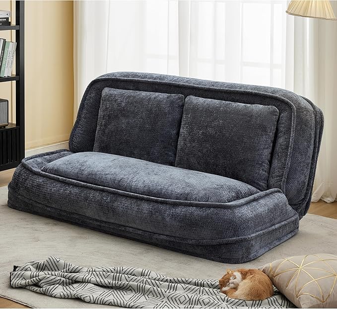 Floor Chair with Back Support Human Dog Bed Folding Loveseat with 5 Adjustable Position 2 Pillows Chenille Meditation Gaming Chair for Lazy Boys Living Room Lounge Bedroom Dark Grey
