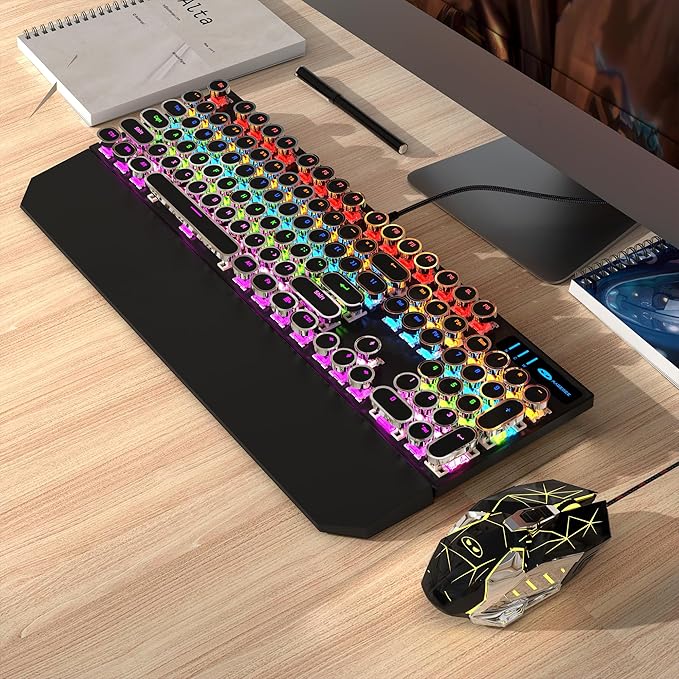 Typewriter Mechanical Gaming Keyboard and Mouse Combo Retro Punk Round Keycaps RGB Rainbow Backlit Wired Keyboard for Game and Office for Windows Laptop PC Red Switches(Black)