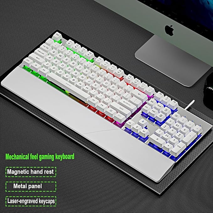 Wired Rainbow LED Gaming Keyboard104 Keys Light Up Mechanical Feeling Computer Keyboard With Palm Rest for Windows LaptopPC Gamers Office DeviceTravel Easy to Carry on Business TripWoking(White)