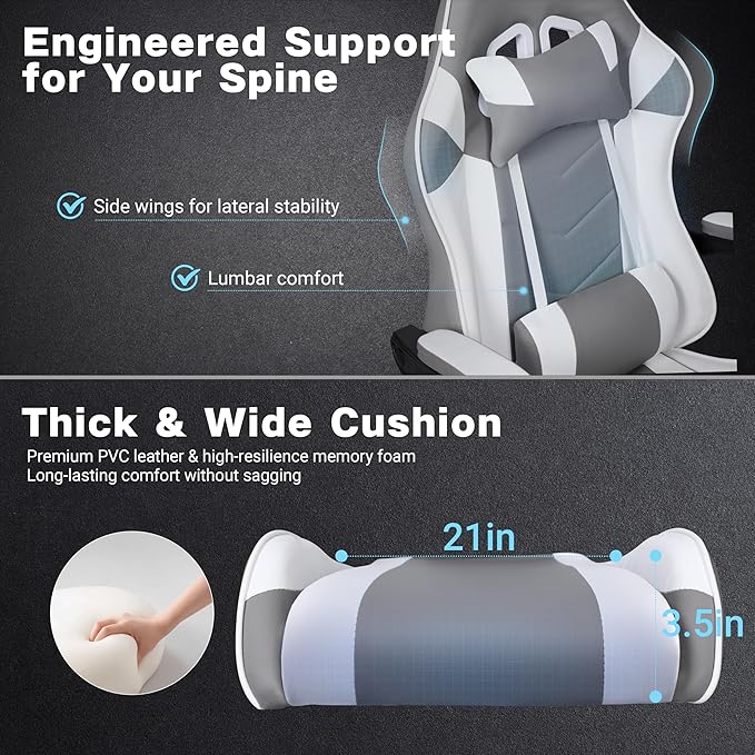 Gaming Chair Ergonomic Computer Chair with Footrest and Lumbar Support Height Adjustable Office Chair with 360° Swivel Seat and Headrest (White)