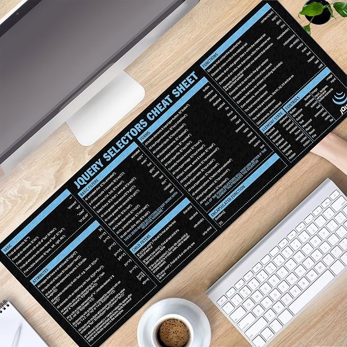 jQuery Selectors Cheat Sheet Mouse Mat KMH Mouse Pad for Web Developers JavaScript Learners Coder Computer jQuery Large Desk Mat Essential Computer Accessories for Study Work and Reference Purposes
