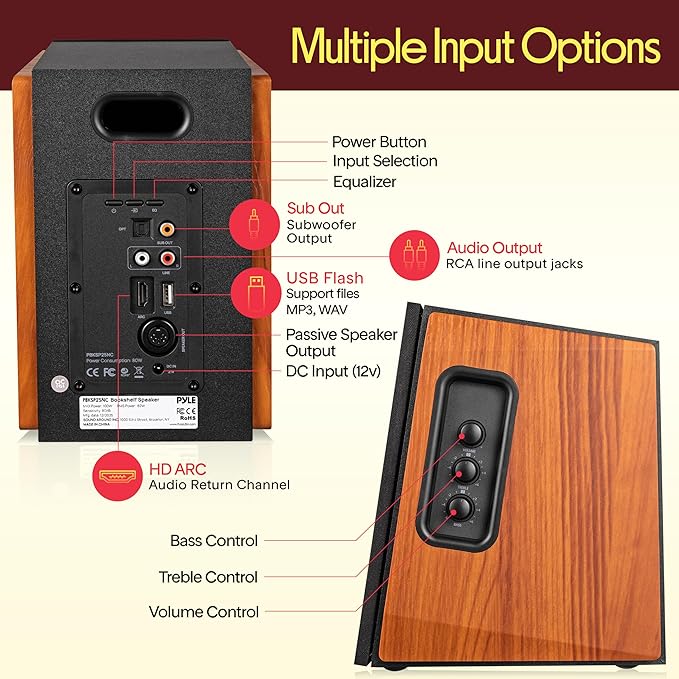 Pyle Powered Bookshelf Speaker System with Bluetooth 80W Active Stereo Speakers Bass Reflex Natural Wood Cabinet Hi Def ARC Optical Coax Subwoofer Out for Home Theater Computer Studio (Pair)