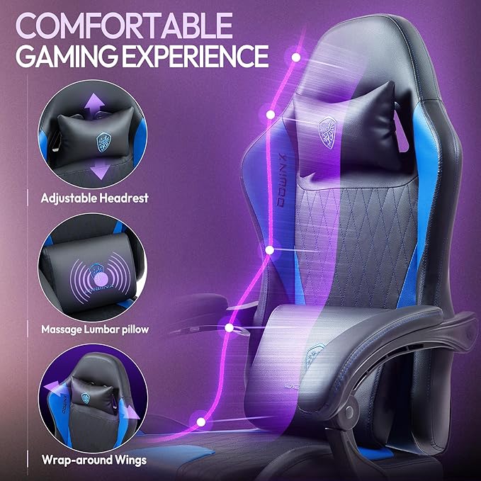 Dowinx Gaming Chair with Massage Lumbar Support and Footrest Gaming Chairs for Adults Ergonomic Computer Chair High Back with Pocket Spring Cushion Swivel Recliner with Headrest Blue