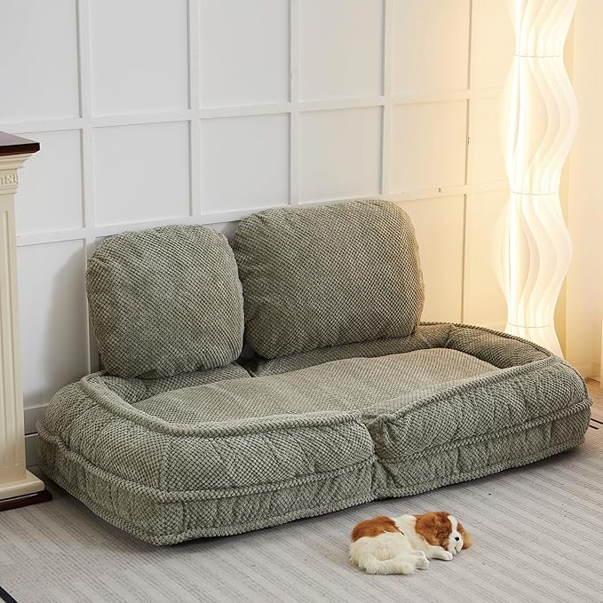 Floor Chair with Back Support Folding Sofa Chair with 5 Adjustable Position Plush Floor Gaming Chair Meditation Chair for Lazy Boys Human Dog Bed for Living Room Bedroom Lounge Green