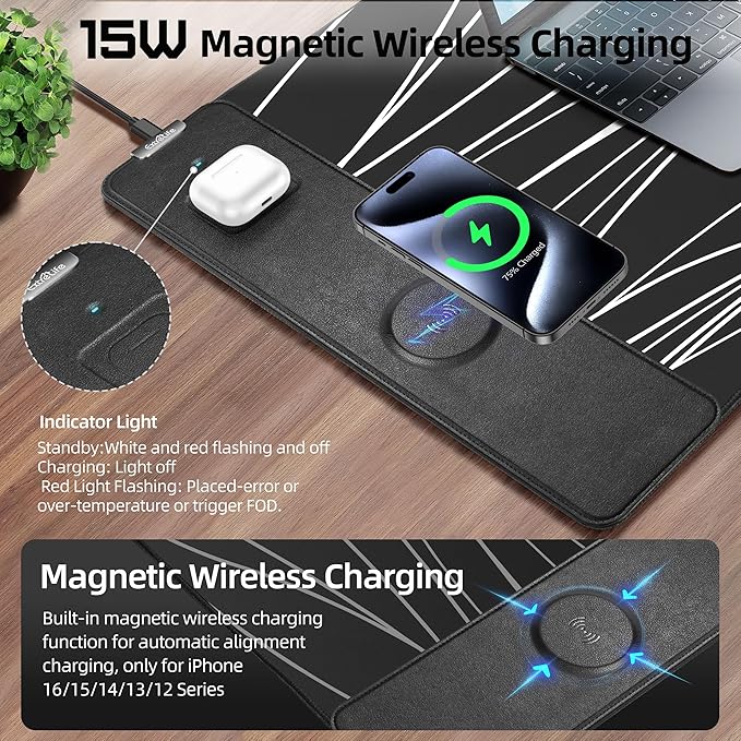 Mouse Pad with Wireless Charging Gaming Mouse Pad with Ultra-Smooth Surface Large XXL Desk Mat Non-Slip Mouse Mat Waterproof Computer Keyboard Pad for Desk Office 800x400x4MM Black and Line