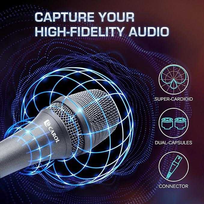 CAROL AC-900 XLR Wired Vocal Microphone – Dynamic Supercardioid Mic with Dual-Engine AHNC Noise Cancelling Tech for Singing Karaoke Stage &amp Studio Includes Mic Clip &amp 14.8ft XLR Cable - Gra