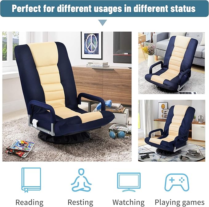 Foldable Floor Gaming Chair Video Gaming Rocker Chair for Adults 360° Swivel Comfort Armrest 7-position adjustable back for TV Reading 330 lbs Support Steel Frame Comfortable Fabrics (Blue+Beige)