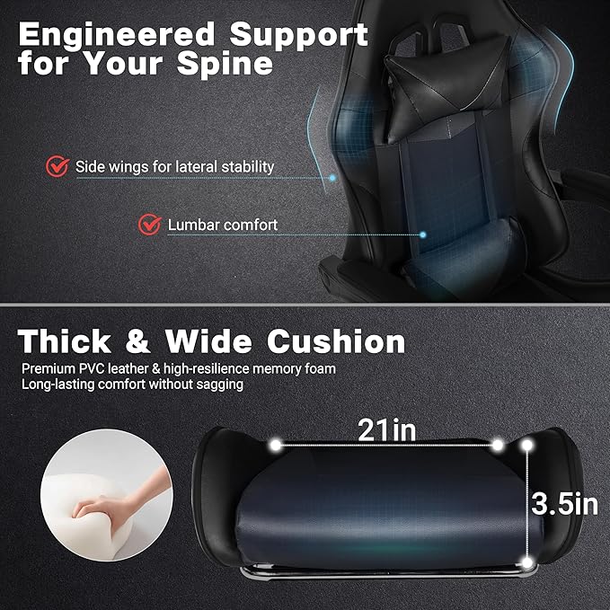 Gaming Chair Ergonomic Computer Chair with Footrest and Lumbar Support Height Adjustable Office Chair with 360° Swivel Seat and Headrest (Black)