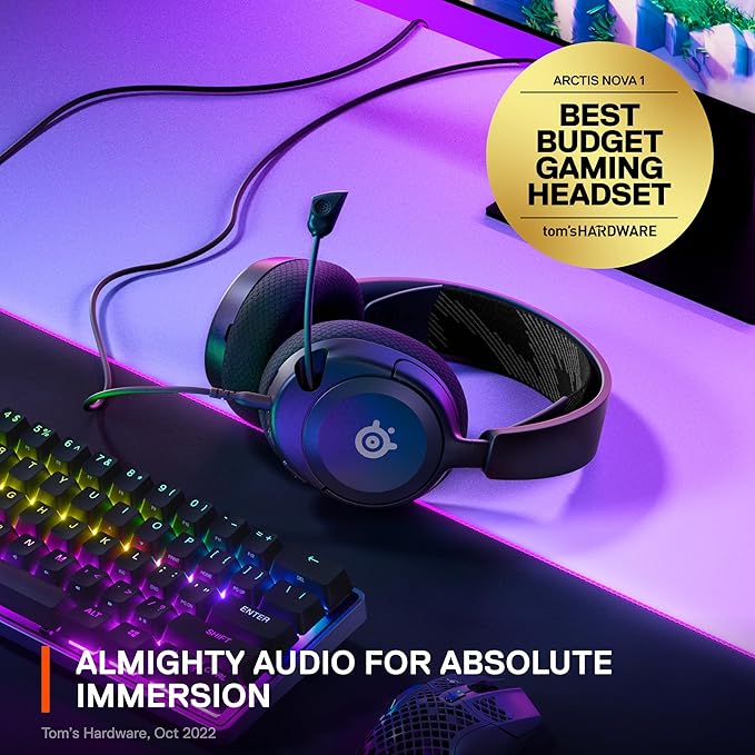SteelSeries 61606 Arctis Nova 1 Gaming Headphones Wired Sealed Type Compatible with PC PS5 PS4 Switch Bi-Directional Microphone Noise Canceling Space Audio Hi-Fi Sound Adjustable Black