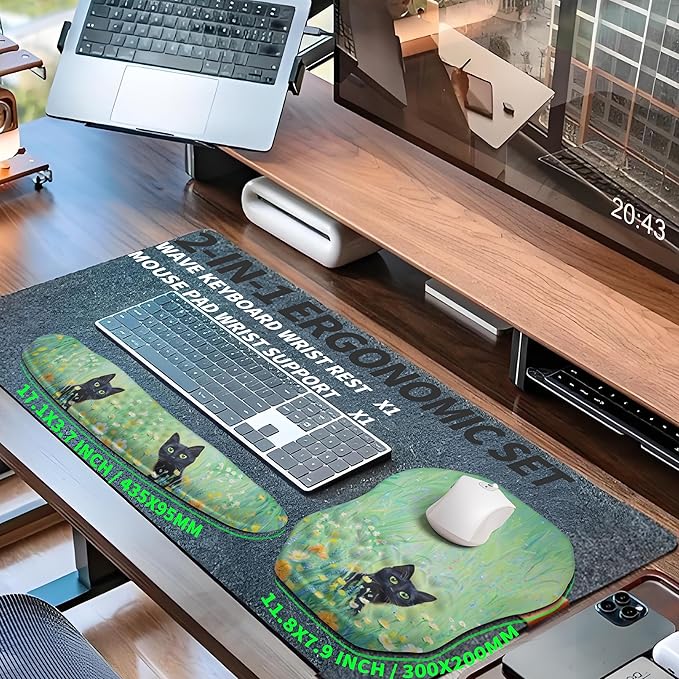 2-in-1 Ergonomic Set Wave Keyboard Wrist Rest and Massage Slope Mouse Pad Wrist Support Rebound Memory Foam for Relieve Carpal Tunnel Syndrome and Wrist Pain (Oil Painting Cats)