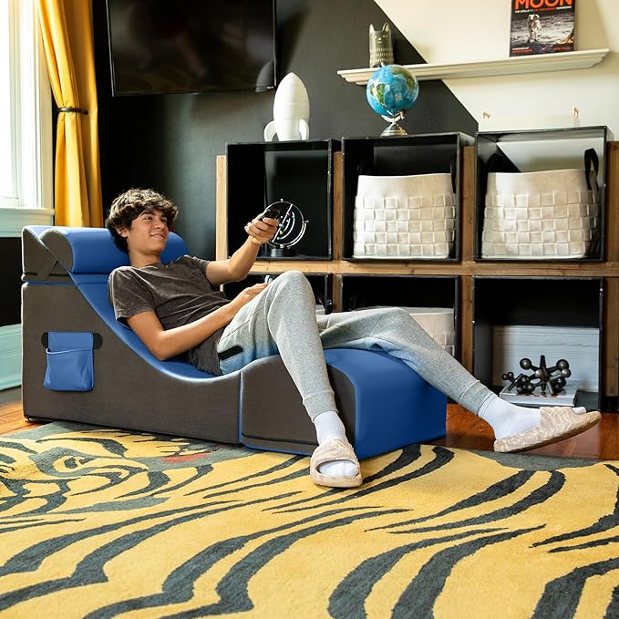 Jaxx Flexx V-Tex Convertible 3 in 1 Gamer Chair Table &amp Ottoman w/Adjustable Headrest &amp Pocket - Vinyl Royal Blue