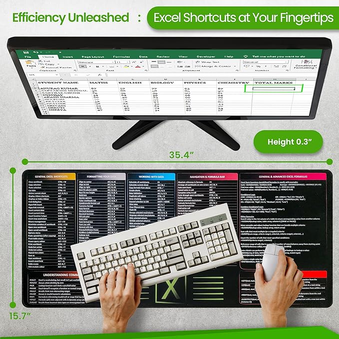 Large Excel Cheat Sheet Desk Pad | Excel Pad Shortcut Keys Mouse Mat - Extended Office Excel Mouse Pad with Excel Shortcuts &amp Formulas | Waterproof | XL Giant Deskpad for Desk 35.5 x 15.7