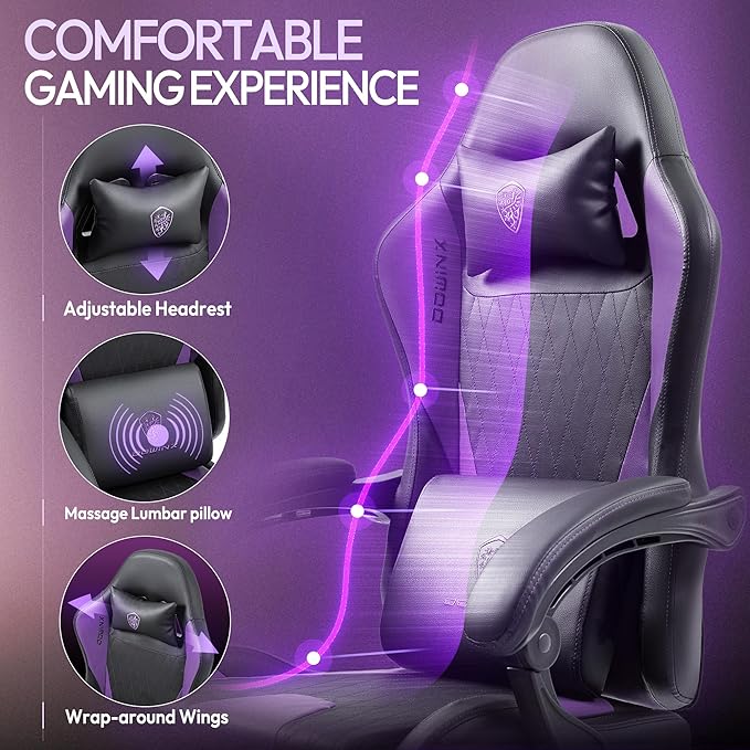Dowinx Gaming Chair with Massage Lumbar Support and Footrest Gaming Chairs for Adults Ergonomic Computer Chair High Back with Pocket Spring Cushion Swivel Recliner with Headrest Purple