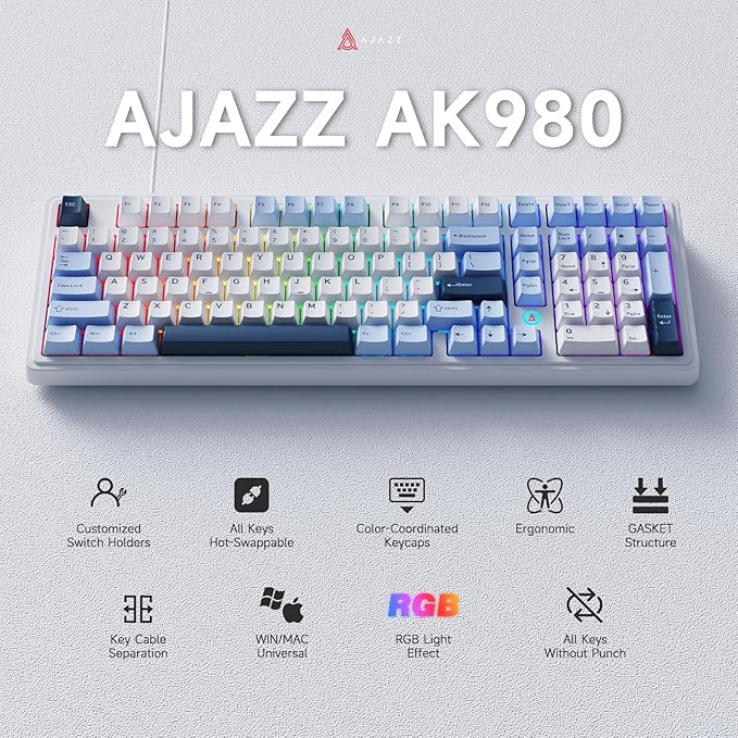 NACODEX AK980 Wired Mechanical Gaming Keyboard 98% Gasket Hot Swappable Keyboard with RGB Backlit PBT Keycaps Five-Layer Padding 101 Keys Gaming Keyboard White Blue