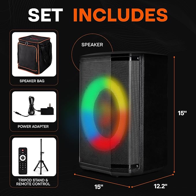 Pyle Portable Bluetooth Speaker with 8 Inch Woofer TWS Mic Input USB/SD/FM Radio Colorful Ring Lights 120 W Rechargeable Battery Tripod Stand &amp Speaker Bag Hi-Fi Sound Outdoor/Indoor Use